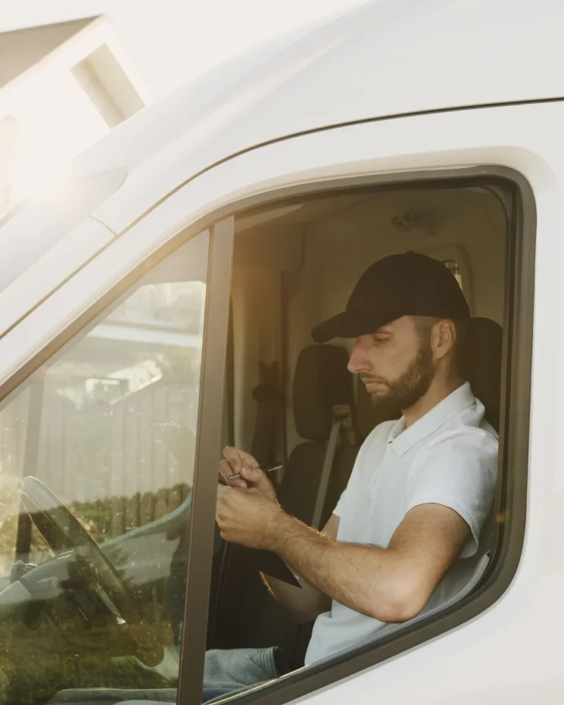 Conductor al volante de una furgoneta blanca de mudanzas
