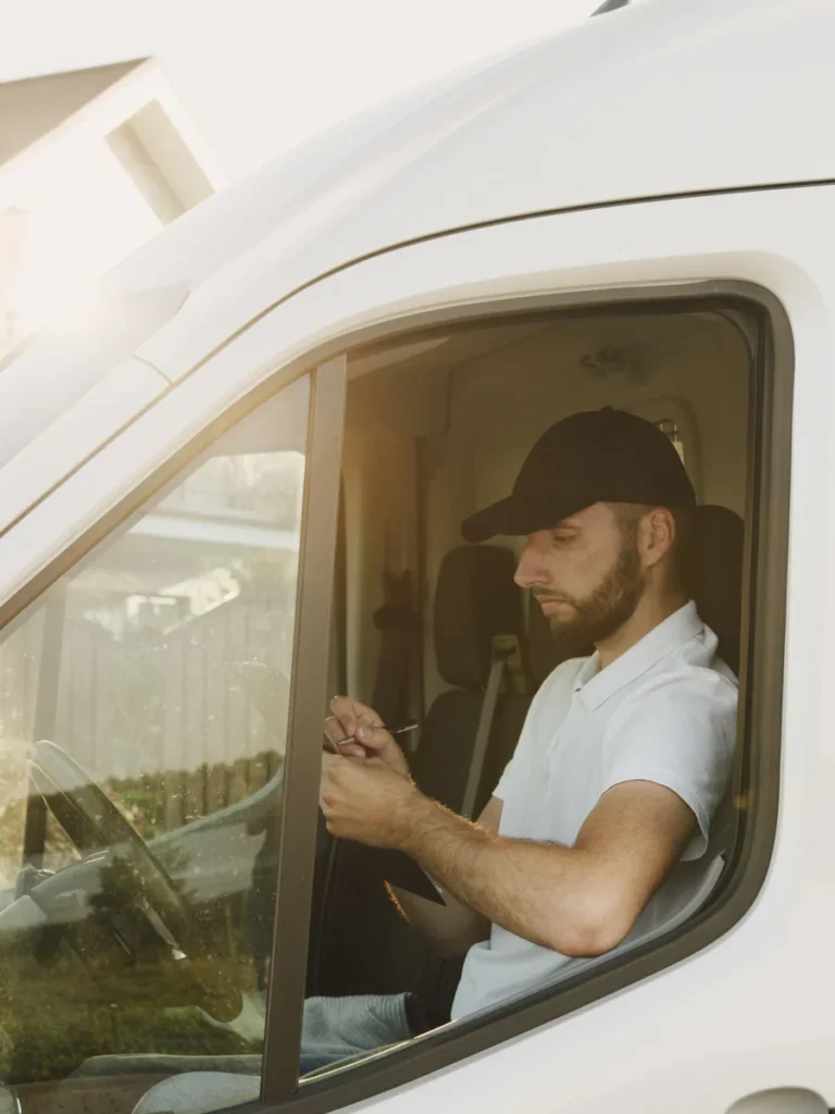Conductor al volante de la furgoneta de mudanzas