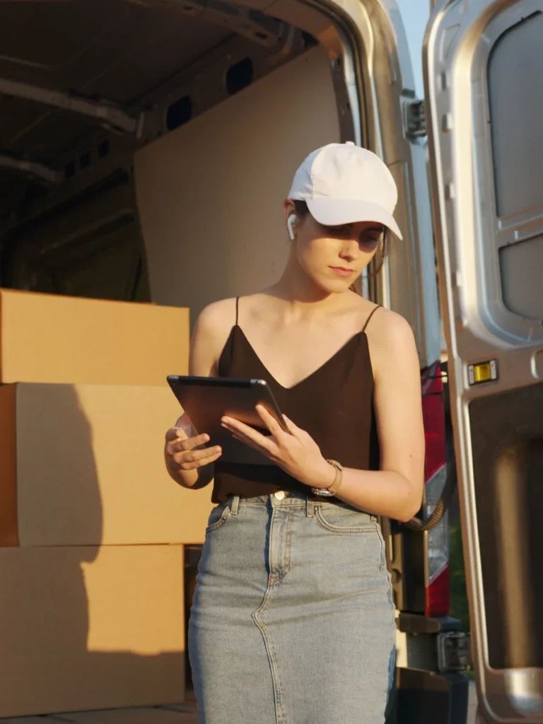 Operaria revisando una tableta junto a las cajas de la furgoneta